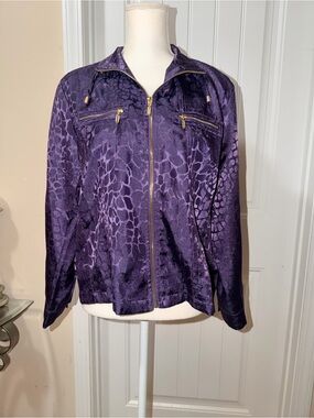 Draper James Purple Animal-Print Bomber Jacket with Gold Zippers